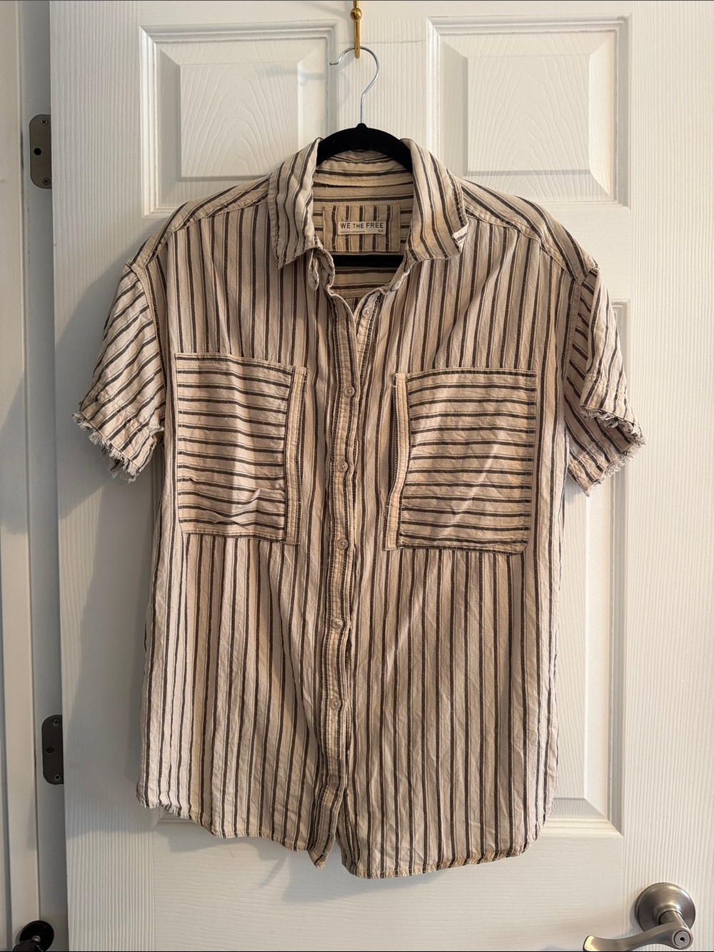 We The Free Cream and Black Striped Short-Sleeve Button-Up Shirt